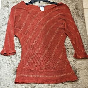 UR VA NA Women's Red Orange With Gold Sparkly Stripe Light Weight Knit Sweater